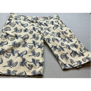 Ditch Plains Men Palm Leaf Print Shorts Tan Navy Blue 100% Cotton Size 38 Casual